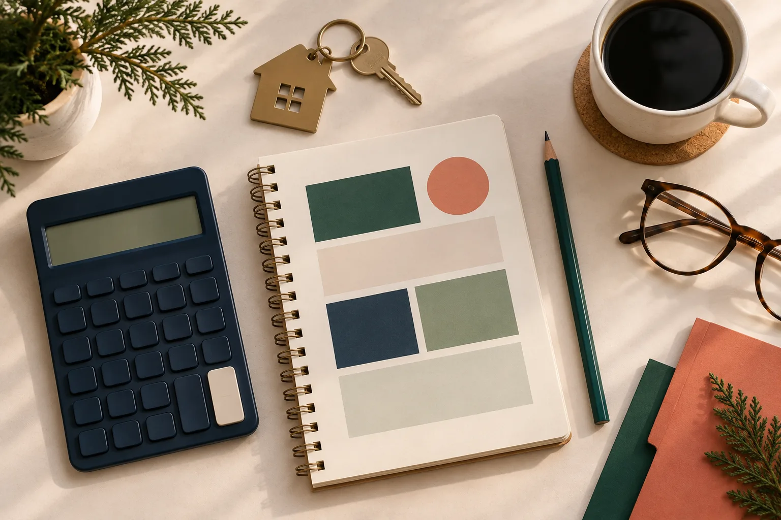 Planning workspace with calculator, notebook, pencil and house key